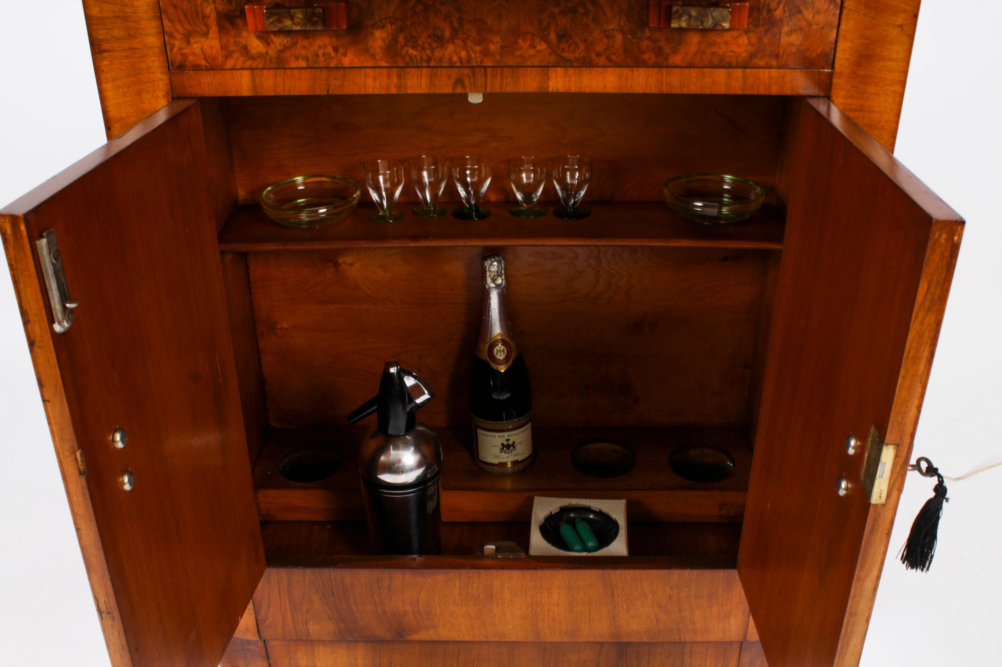 Antique Art Deco Burr Walnut Cocktail Cabinet Dry Bar & Glassware, 1920s 6