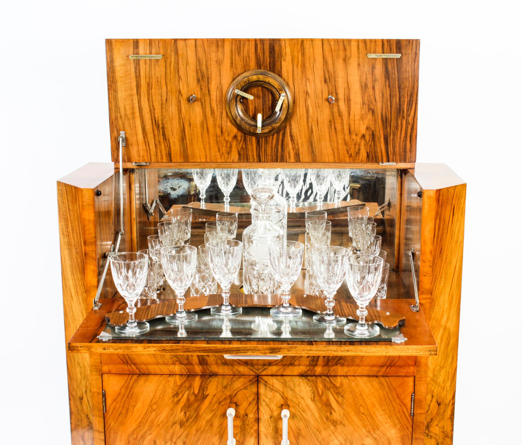 Antique Art Deco Burr Walnut Cocktail Cabinet Dry Bar & Glassware 1920s 11