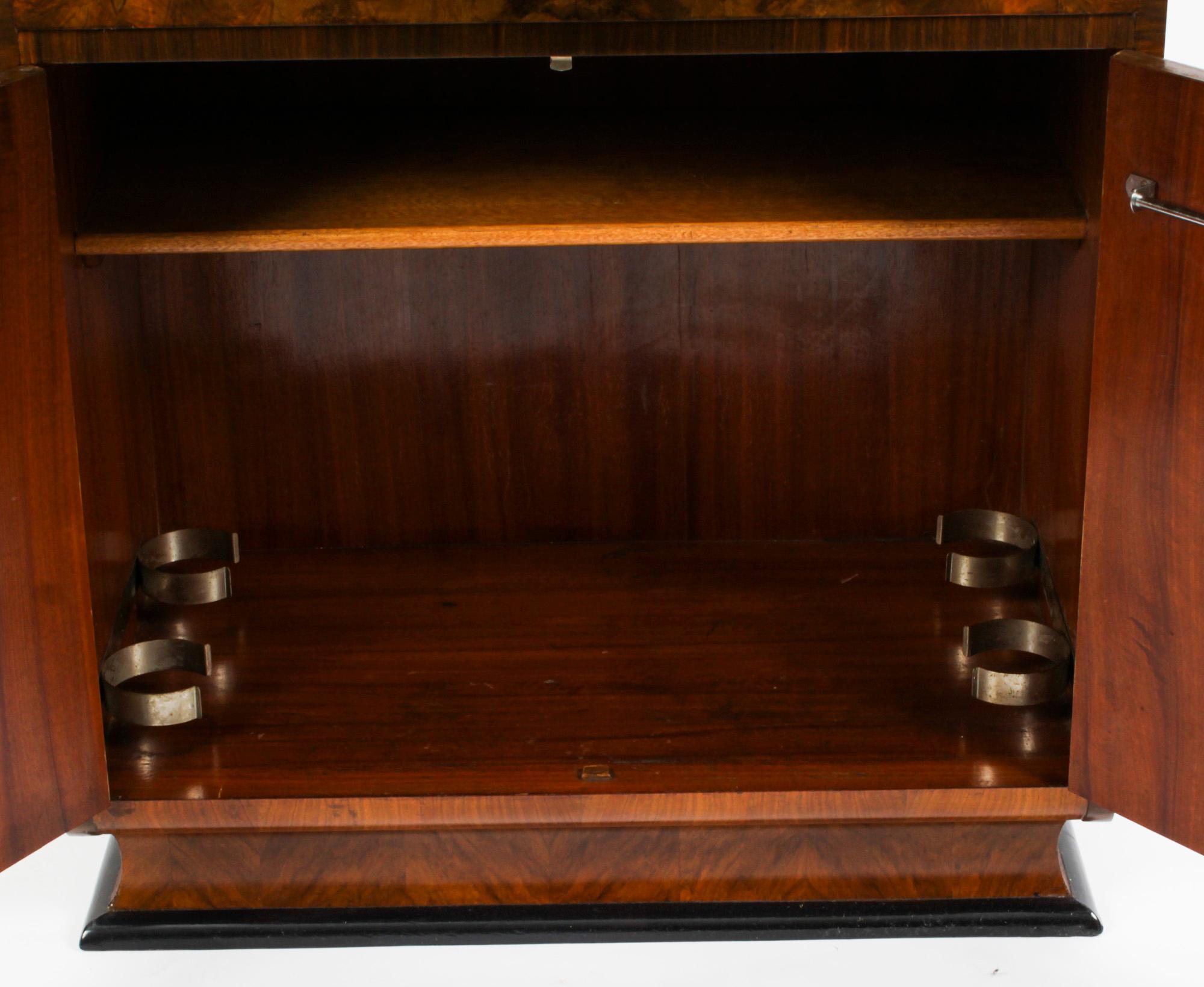 Antique Art Deco Burr Walnut Cocktail Cabinet Dry Bar & Glassware, 1920s 14