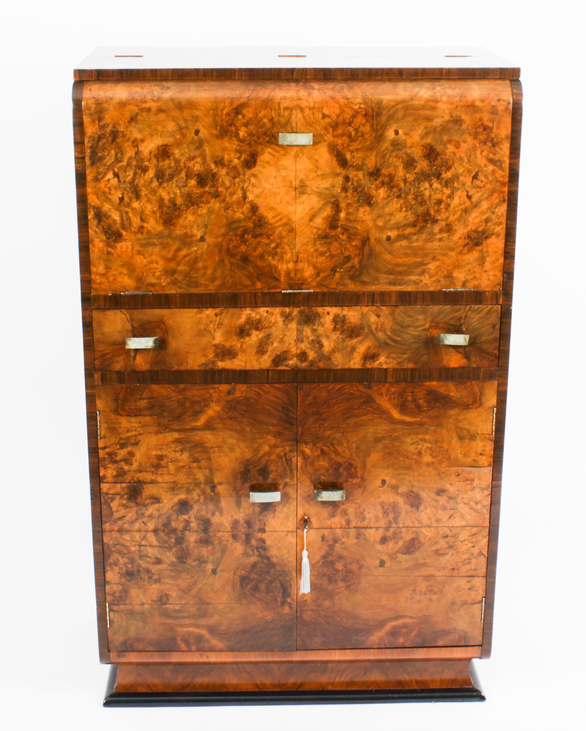 Antique Art Deco Burr Walnut Cocktail Cabinet Dry Bar & Glassware, 1920s In Good Condition In London, GB