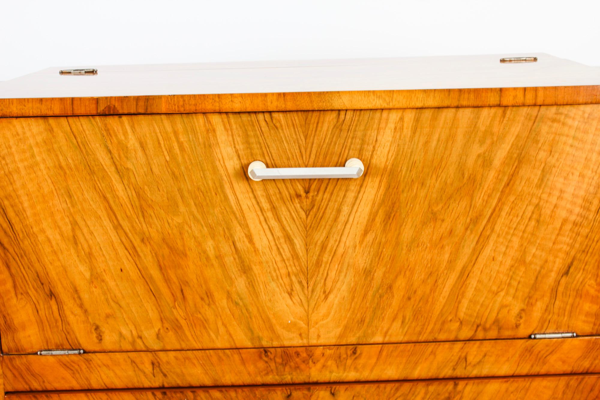 Antique Art Deco Burr Walnut Cocktail Cabinet Dry Bar & Glassware 1920s In Good Condition In London, GB