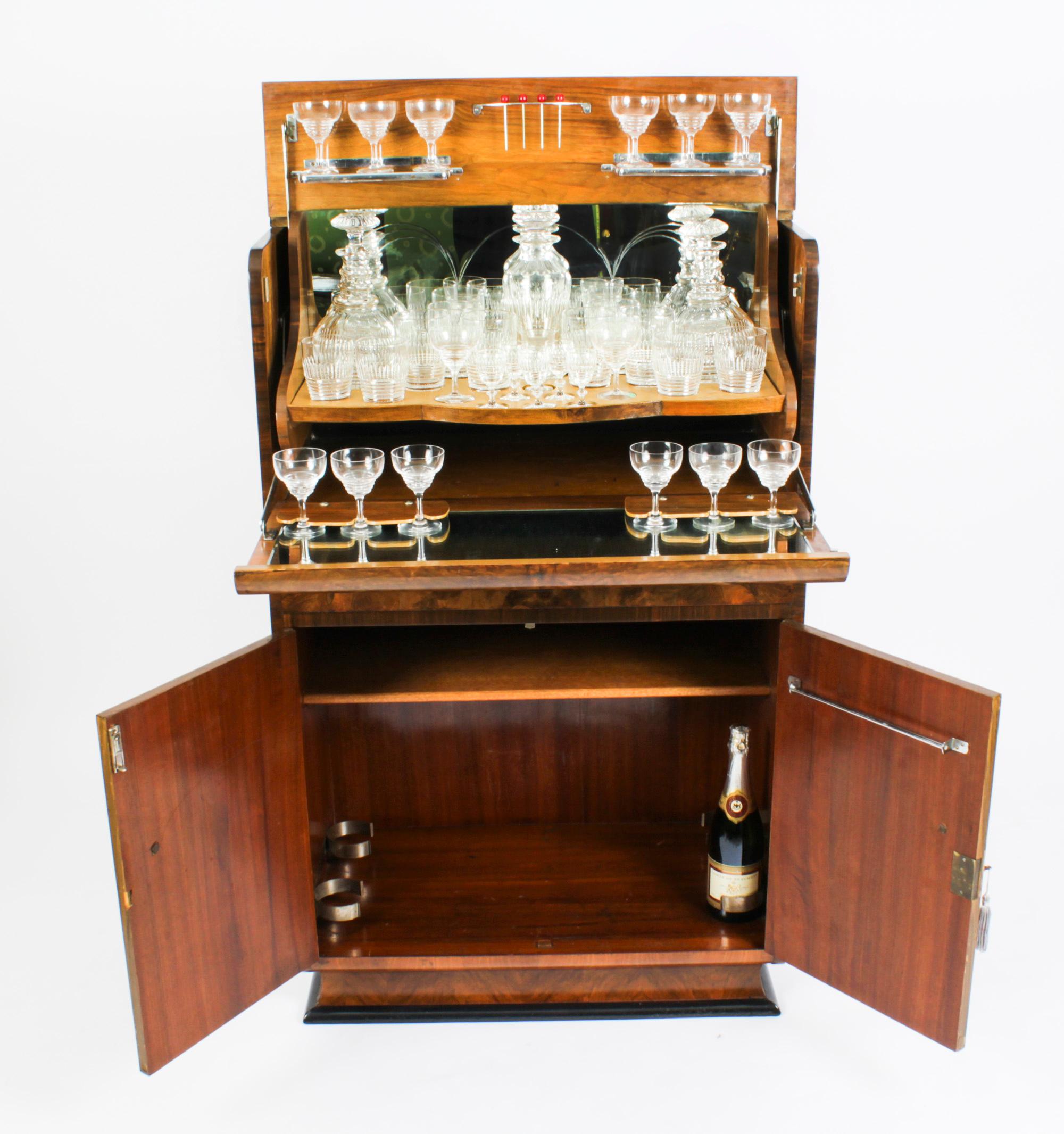 Antique Art Deco Burr Walnut Cocktail Cabinet Dry Bar & Glassware, 1920s 1