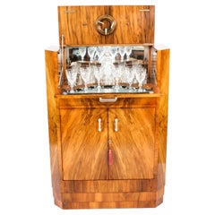 Antique Art Deco Burr Walnut Cocktail Cabinet Dry Bar & Glassware 1920s