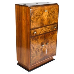 Antique Art Deco Burr Walnut Cocktail Cabinet Dry Bar & Glassware, 1920s