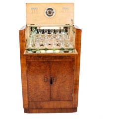 Antique Art Deco Burr Walnut Cocktail Cabinet Dry Bar & Glassware, 1920s