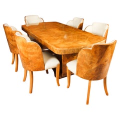 Antique Art Deco Burr Walnut Dining Table & 6 Cloud Back Chairs, 1920s