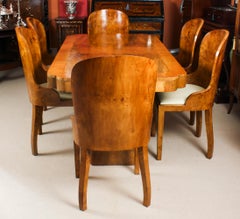 Antique Art Deco Burr Walnut Dining Table & 6 Cloud Back Chairs 20th C