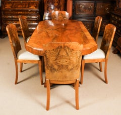 Antique Art Deco Burr Walnut Dining Table & 6 Shaped Back Chairs 1920s 20th C