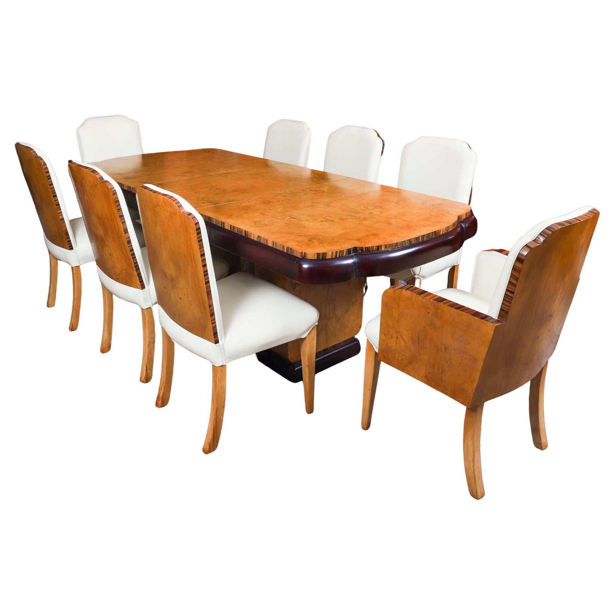 Antique Art Deco Burr Walnut Dining Table 
8 Chairs Epstein 20th Century For Sale