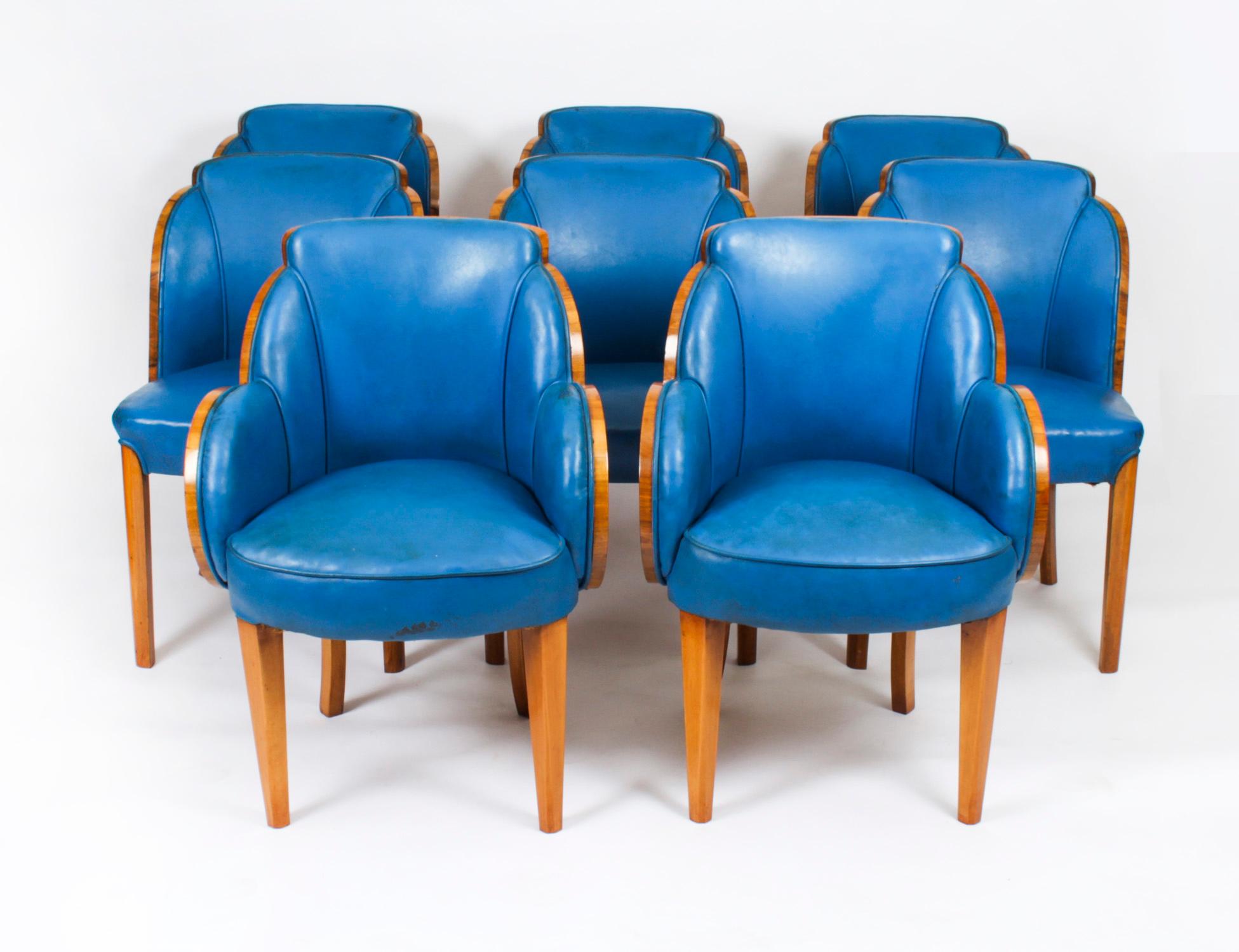 Antique Art Deco Burr Walnut Dining Table & 8 Cloud Back Chairs 1930s 2