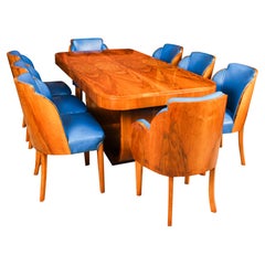 Used Art Deco Burr Walnut Dining Table & 8 Cloud Back Chairs 1930s