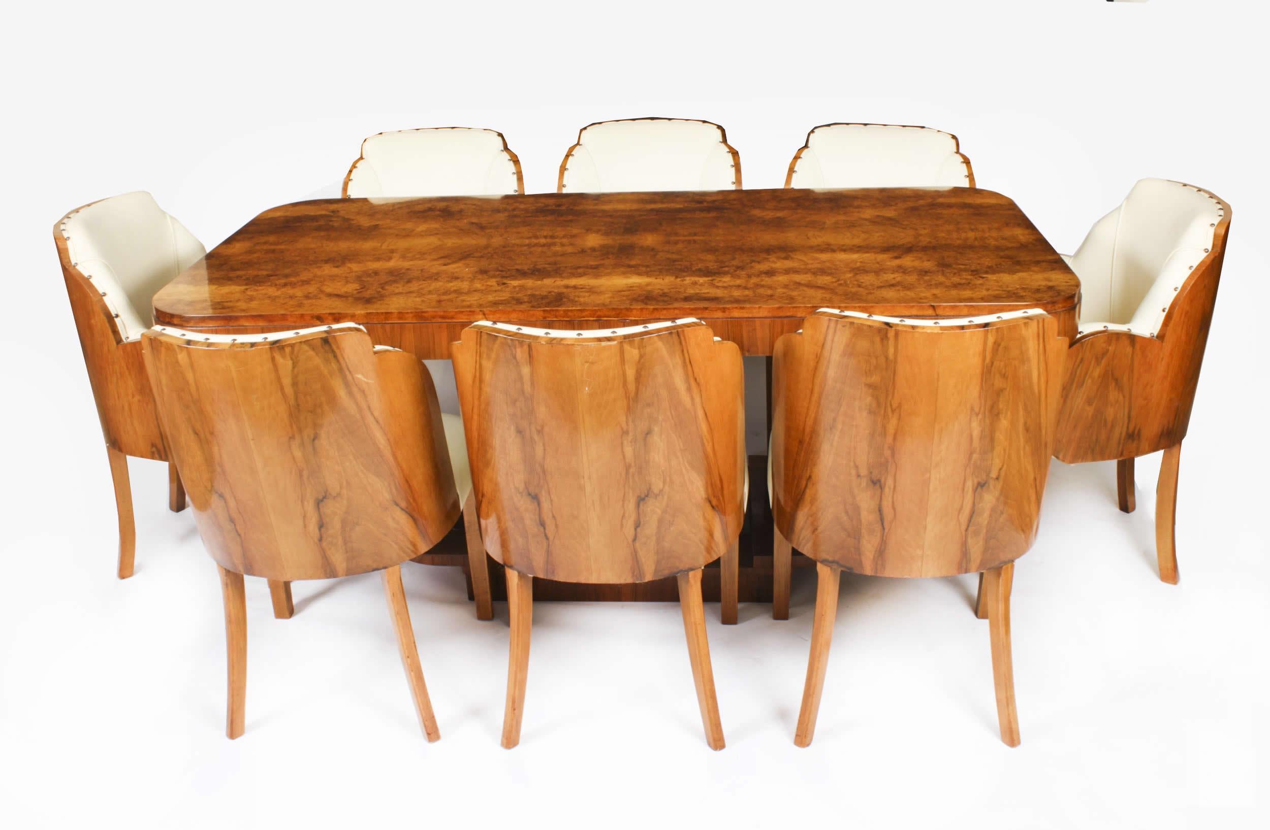 Antique Art Deco Burr Walnut Dining Table & 8 Cloud Back Chairs C1920 For Sale 2