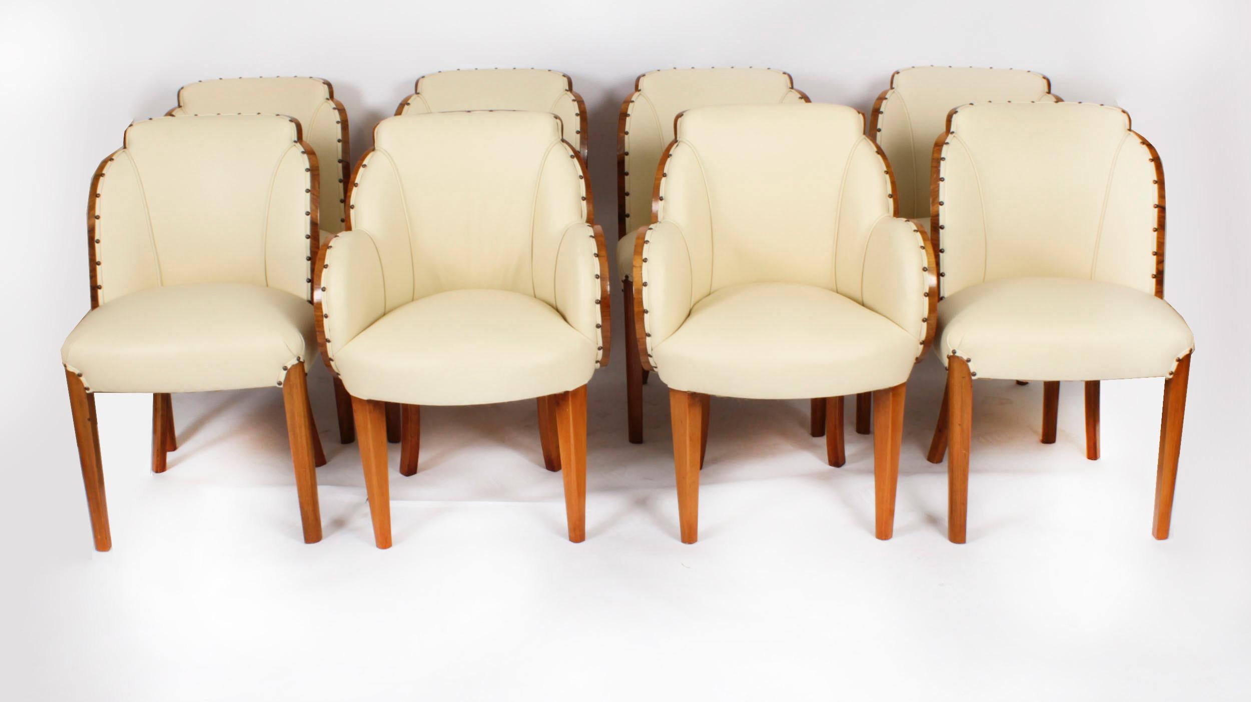 Antique Art Deco Burr Walnut Dining Table & 8 Cloud Back Chairs C1920 For Sale 6