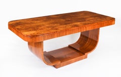 Antique Art Deco Burr Walnut Dining Table & 8 Cloud Back Chairs C1920