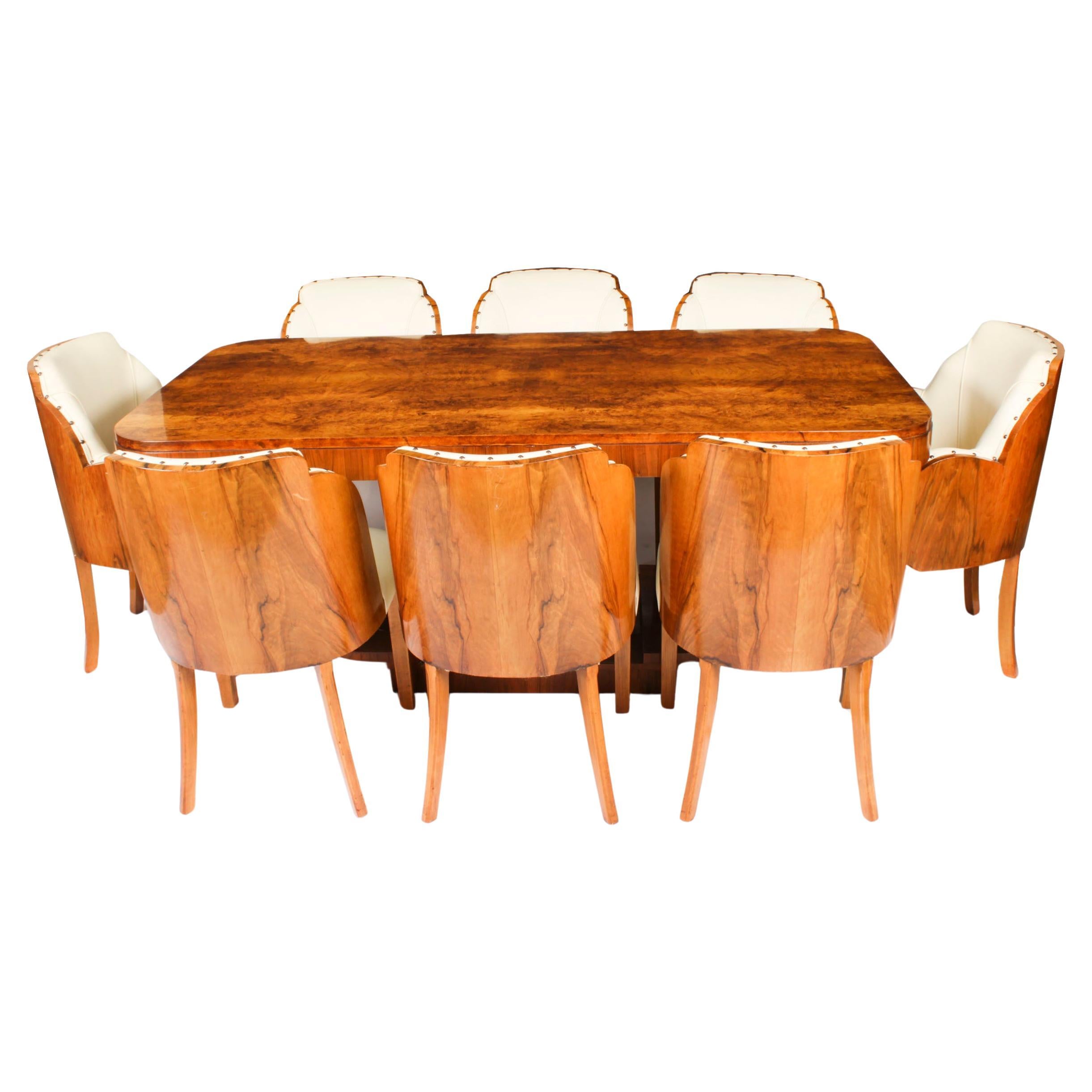 Antique Art Deco Burr Walnut Dining Table & 8 Cloud Back Chairs C1920 For Sale