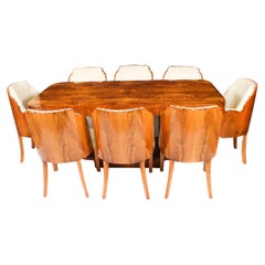 Antique Art Deco Burr Walnut Dining Table & 8 Cloud Back Chairs C1920