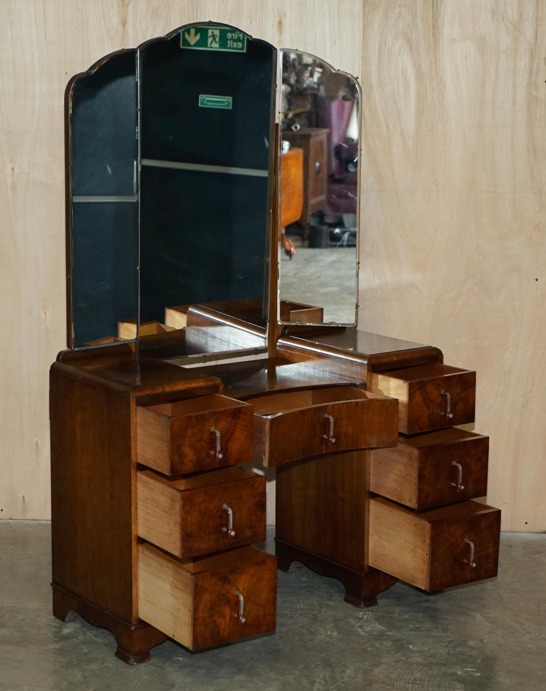 Antique Art Deco Burr Walnut Dressing Table with Tri Fold Mirrors Part of Suite 7