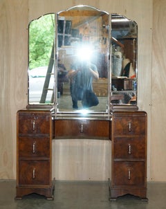 Antique Art Deco Burr Walnut Dressing Table with Tri Fold Mirrors Part of Suite