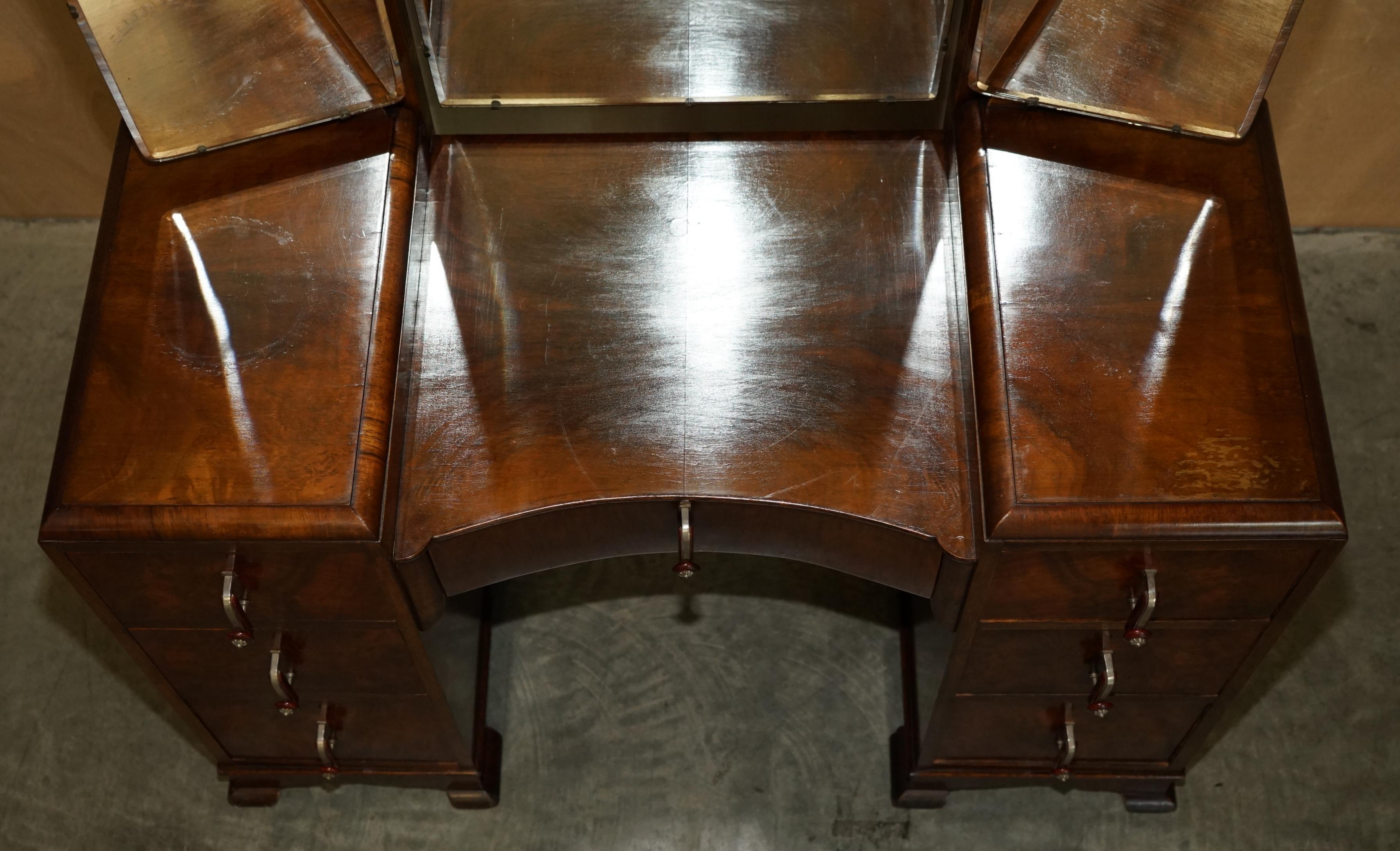 Hand-Crafted Antique Art Deco Burr Walnut Dressing Table with Tri Fold Mirrors Part of Suite