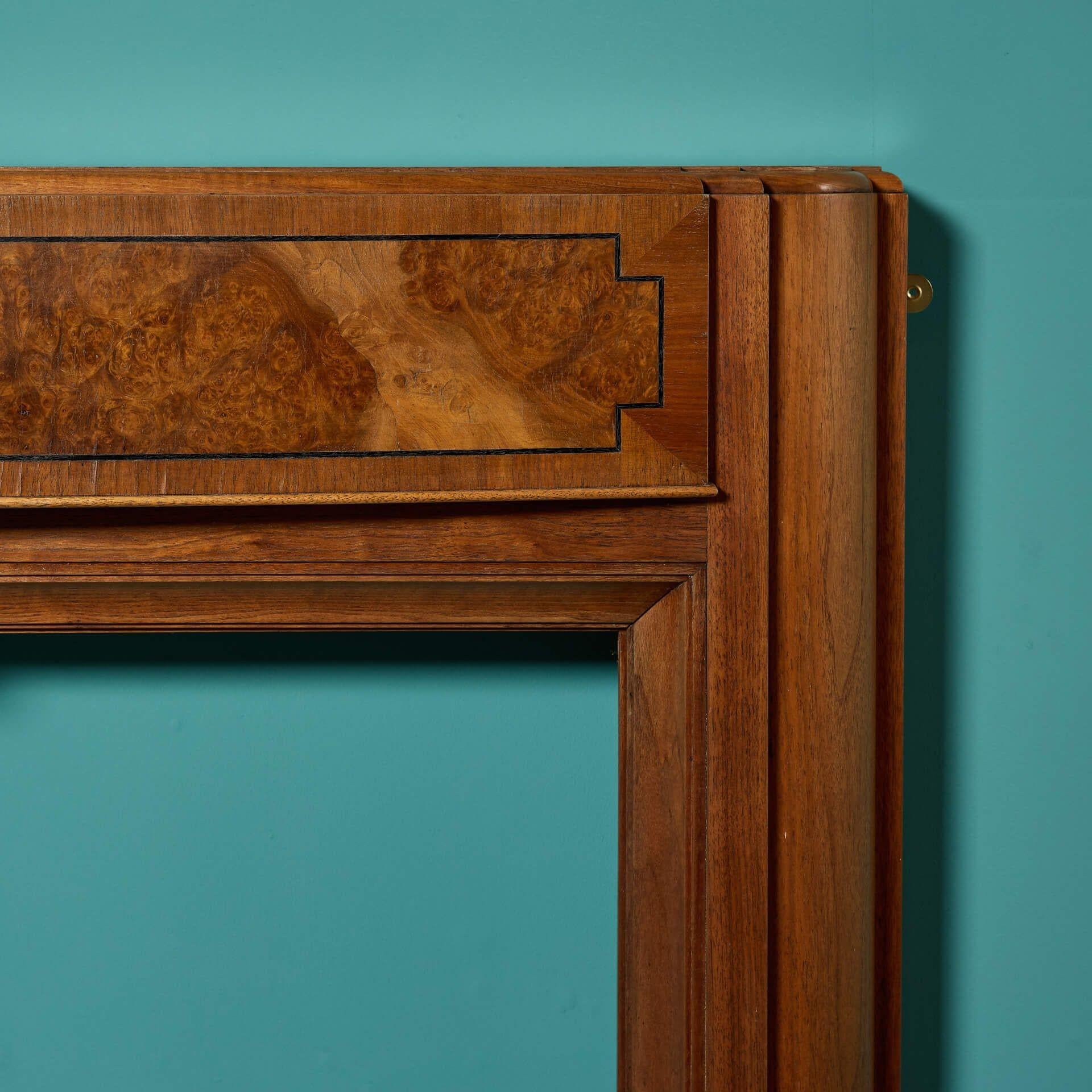 English Antique Art Deco Burr Walnut Fire Mantel