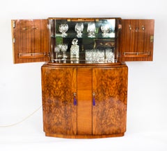 Antique Art Deco Burr Walnut Half Moon Cocktail Bar, 1920s