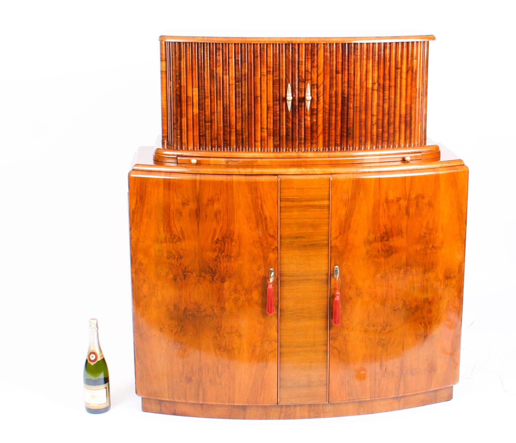Antique Art Deco Burr Walnut Half Moon Cocktail Cabinet Dry Bar, 1930s 9