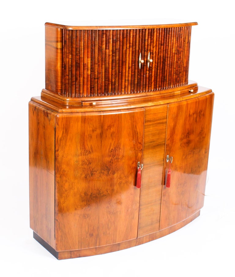 Antique Art Deco Burr Walnut Half Moon Cocktail Cabinet Dry Bar
