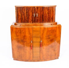 Antique Art Deco Burr Walnut Half Moon Cocktail Cabinet Dry Bar, 1930s