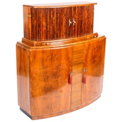 Antique Art Deco Burr Walnut Half Moon Cocktail Cabinet Dry Bar, 1930s