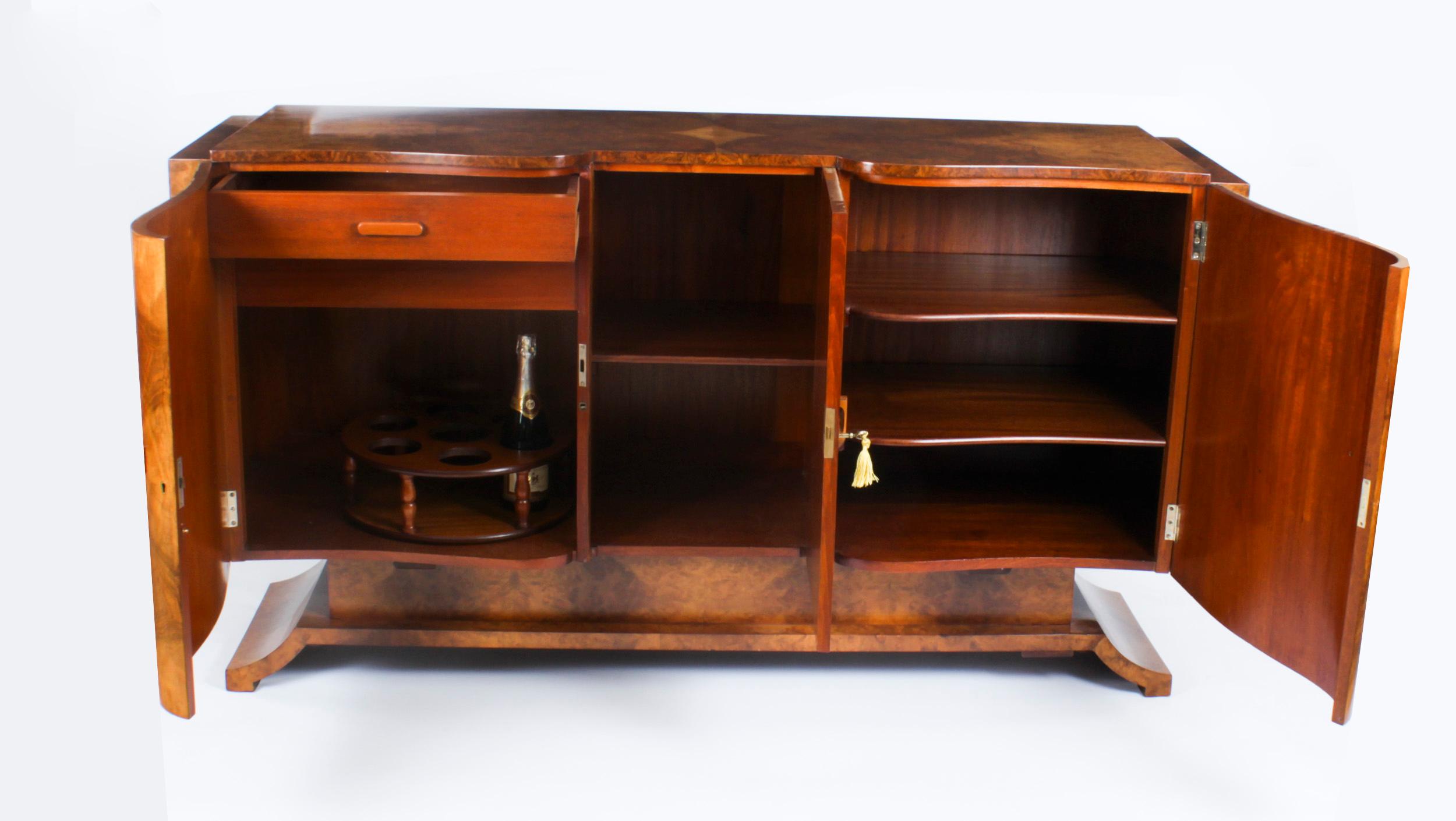 Antique Art Deco Burr Walnut Sideboard Drinks Cabinet by S Hille Co. 1920s 6