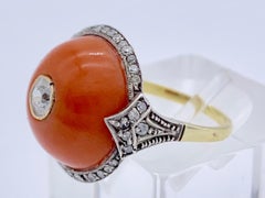Antique Art Deco Cabochon Corallium Rubrum Diamond 18K Gold Platinum Dome Ring