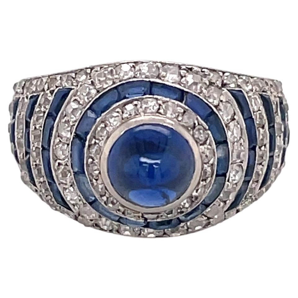 Antique Art Deco Cabochon Sapphire and Diamonds Platinum Ring For Sale