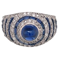 Antique Art Deco Cabochon Sapphire and Diamonds Platinum Ring