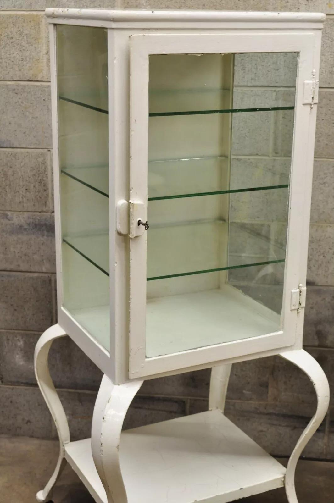 Art déco Cabinet Médical Dentaire Pharmacie - Paire - Antique Art Deco Cabriole Leg Steel Metal Medical Dental Pharmacy Cabinet - Pair en vente