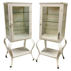 Antique Art Deco Cabriole Leg Steel Metal Medical Dental Pharmacy Cabinet - Pair