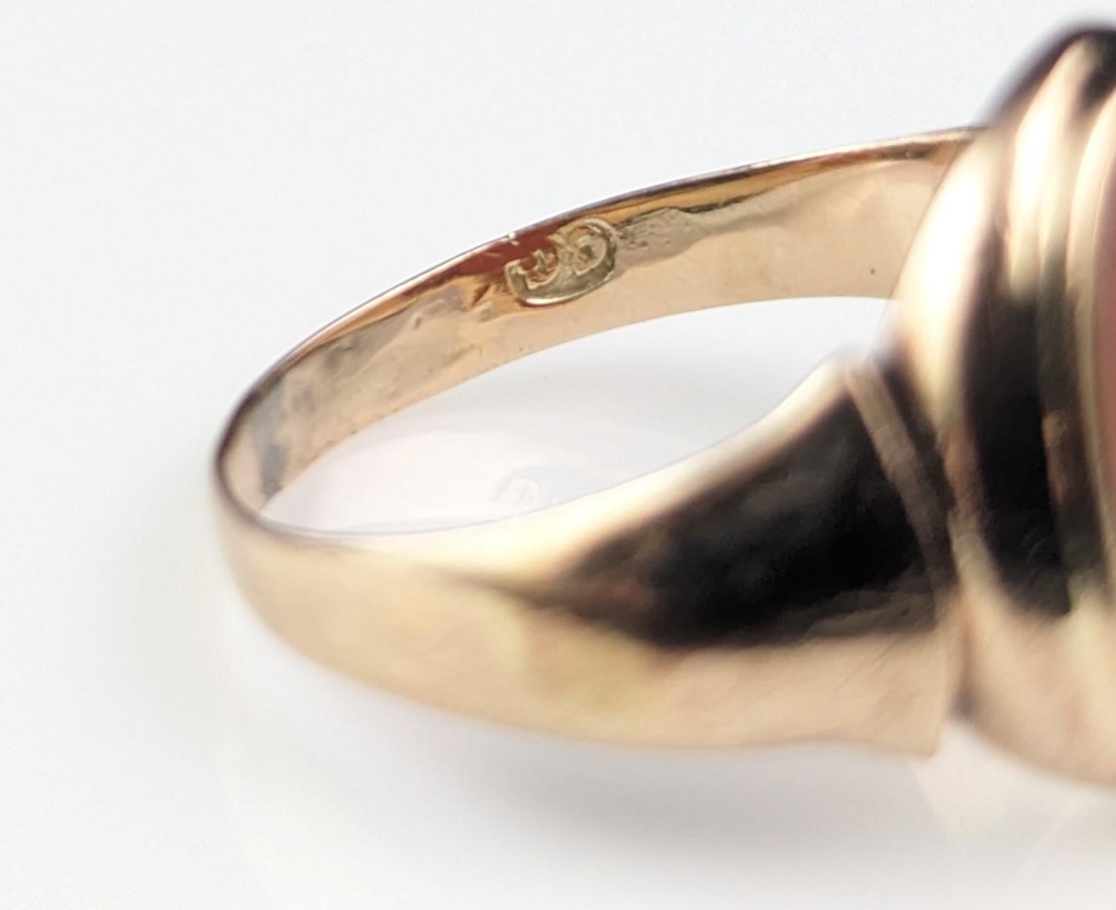 Antiker Art Deco Karneol-Siegelring, 9k Gold, rosafarbener Ring  1