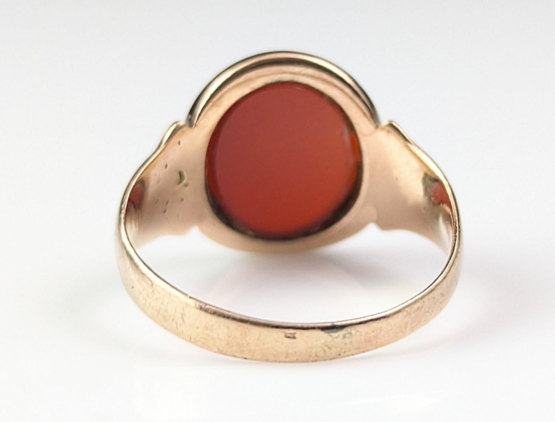 Antiker Art Deco Karneol-Siegelring, 9k Gold, rosafarbener Ring  2