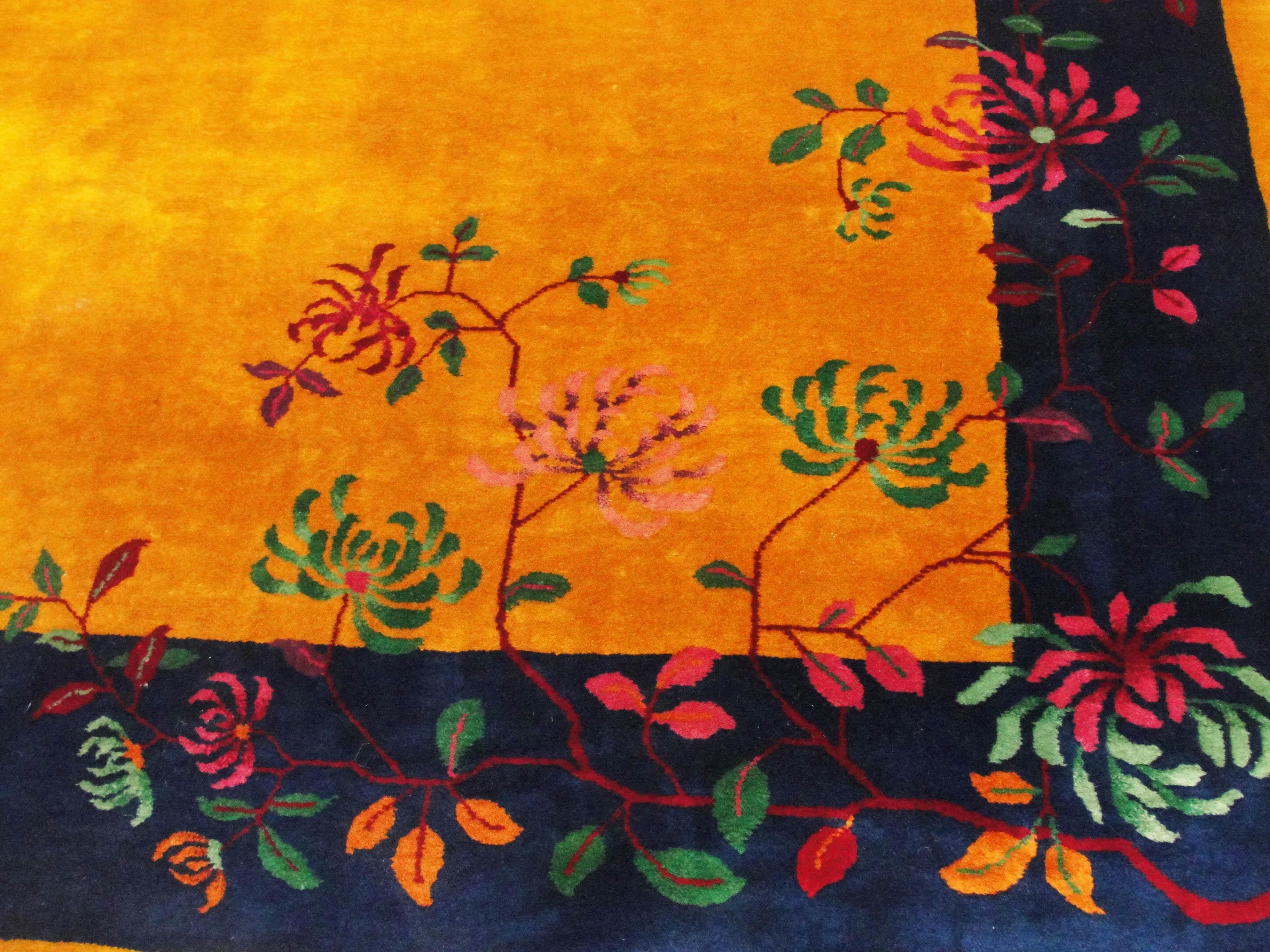 Hand-Knotted Antique Art Deco Carpet Manchester Wool, Sun and Flower For Sale