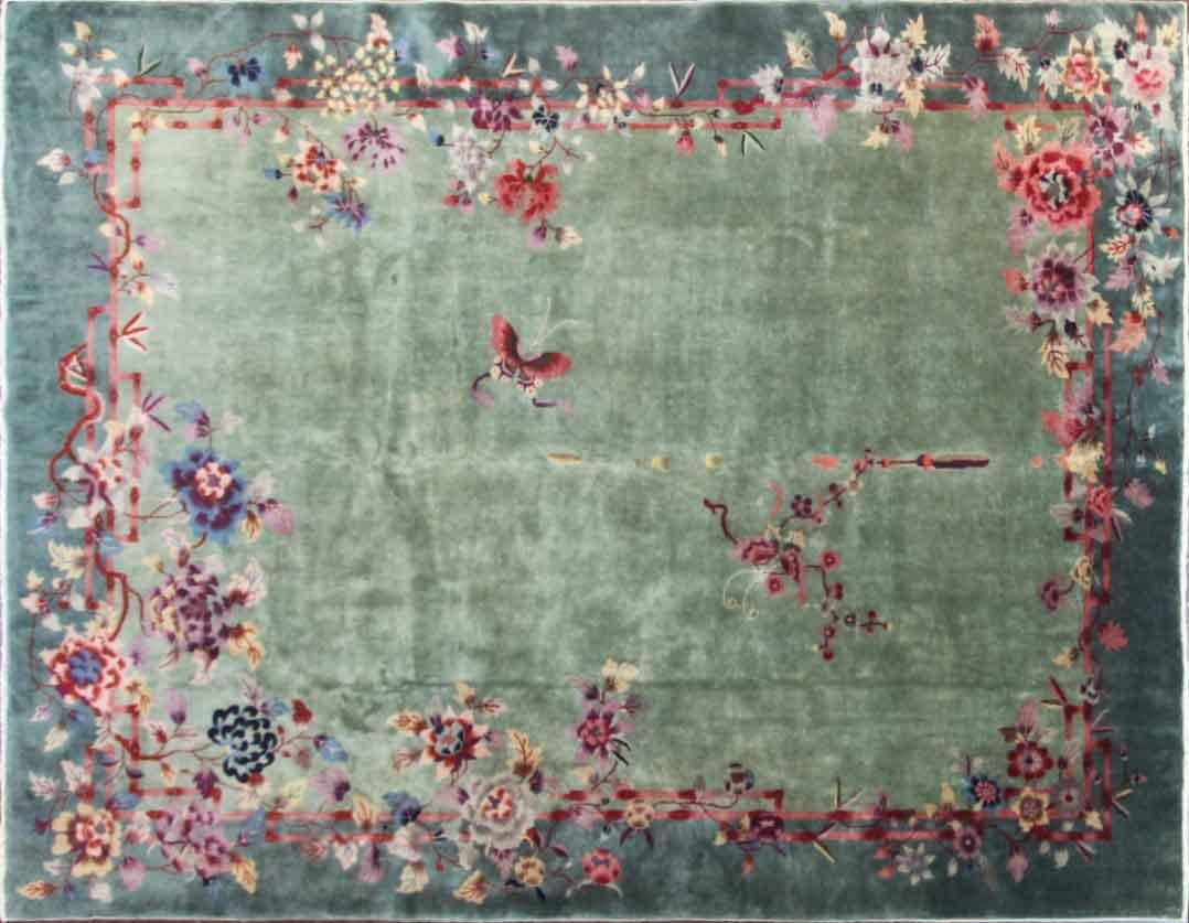 Antique Art Deco carpet, two butterflies
Amazing color and beautiful story of two love butterflies. 
This wonderful Art Deco carpet was made in China, circa 1910's or 1920's. Walter Nichols was great American rug producer (the Art Deco rugs which