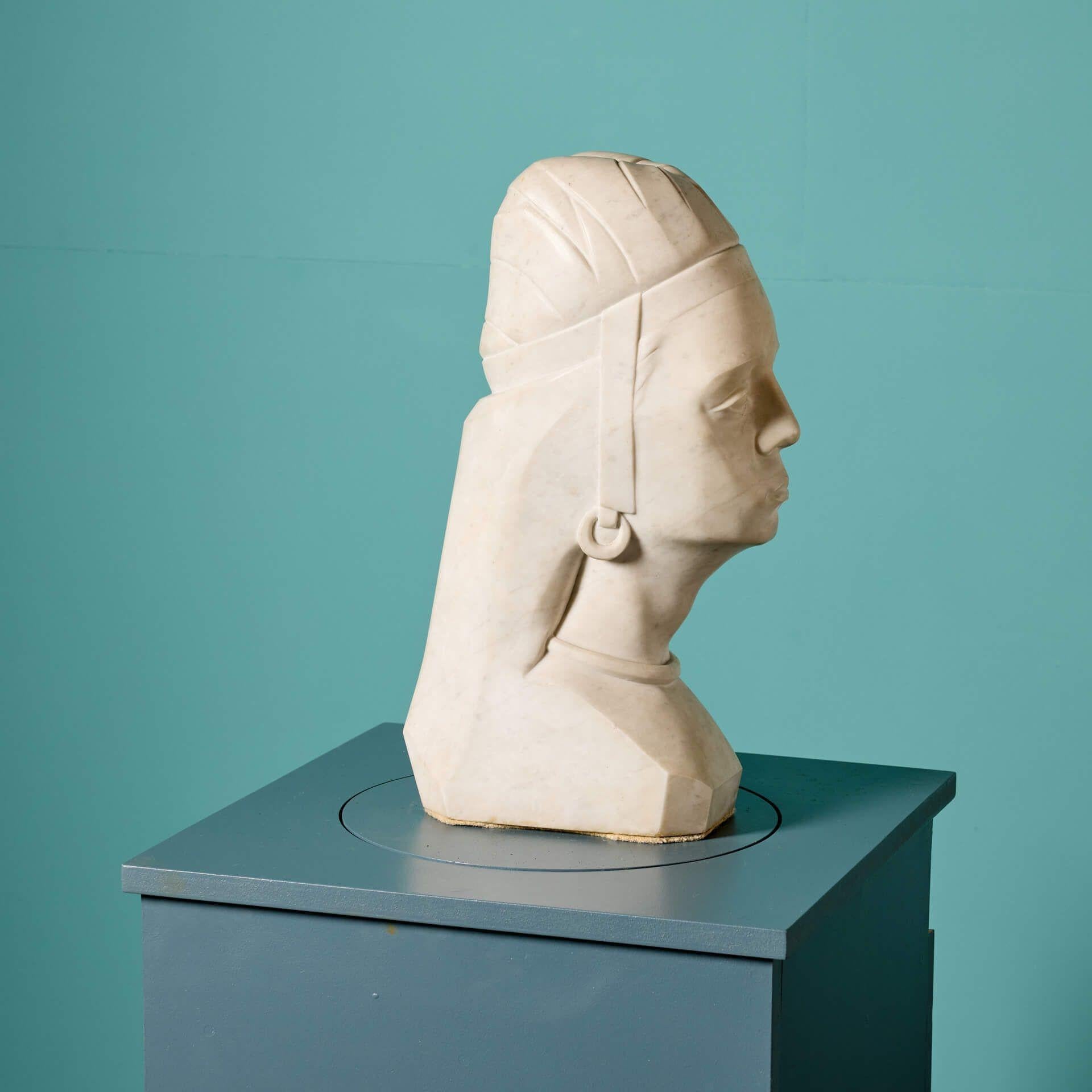 English Antique Art Deco Carrara Marble Bust of Noble Woman For Sale