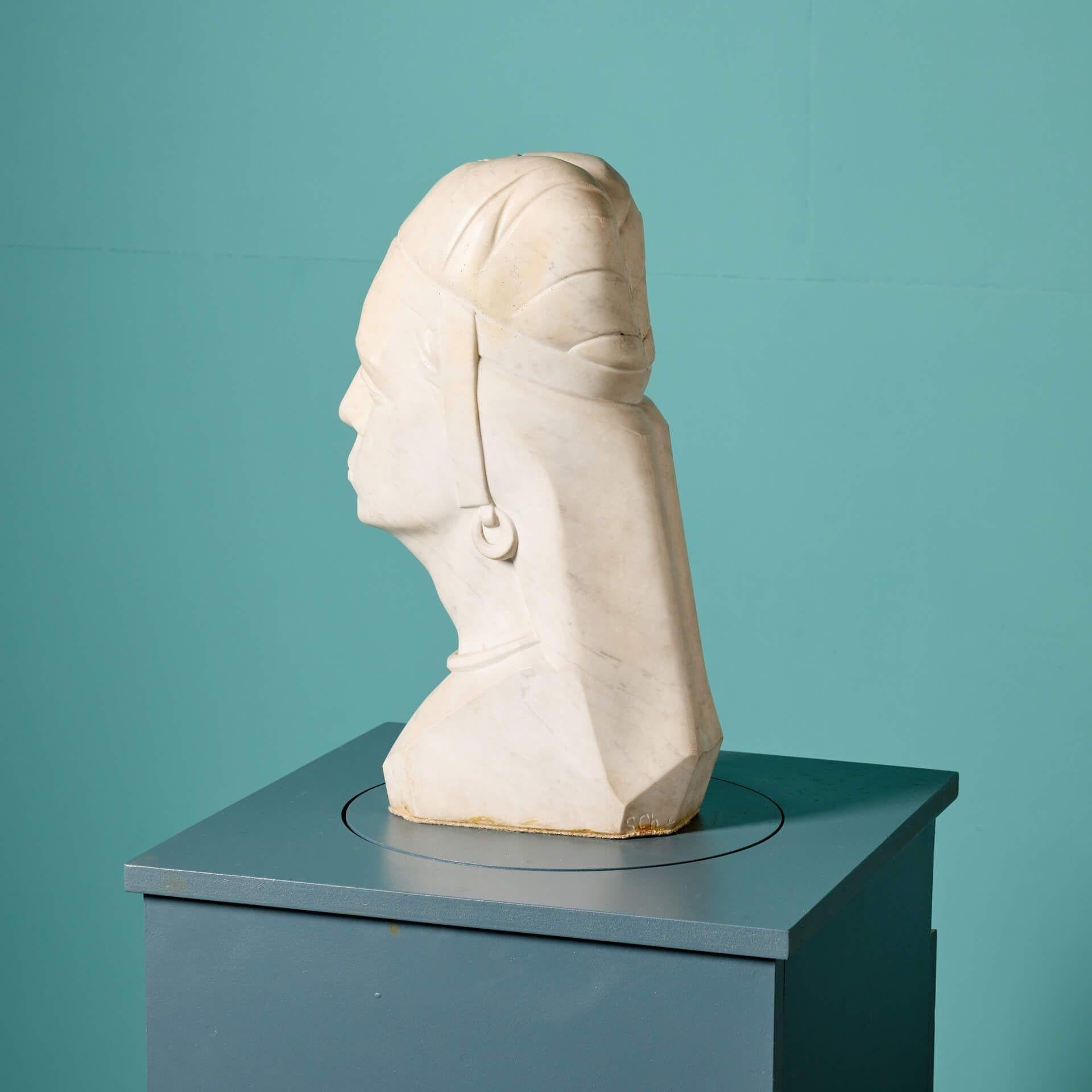20th Century Antique Art Deco Carrara Marble Bust of Noble Woman For Sale