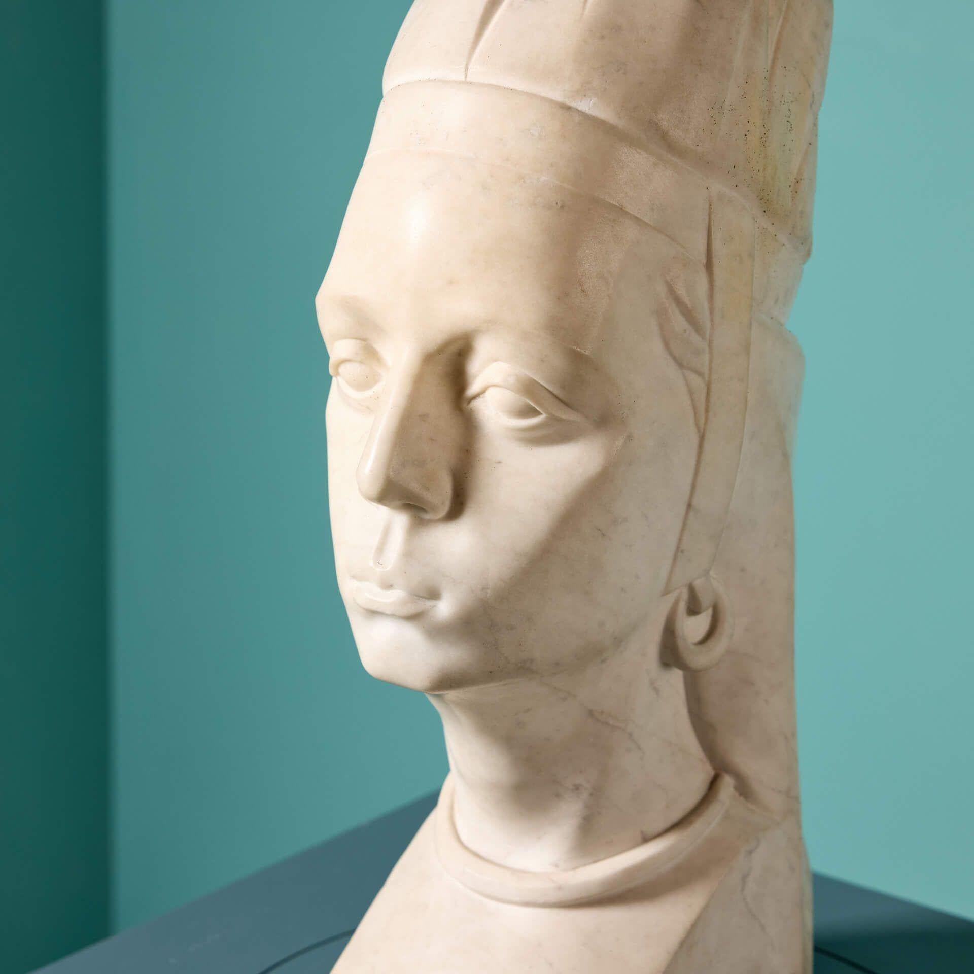 Antique Art Deco Carrara Marble Bust of Noble Woman For Sale 1