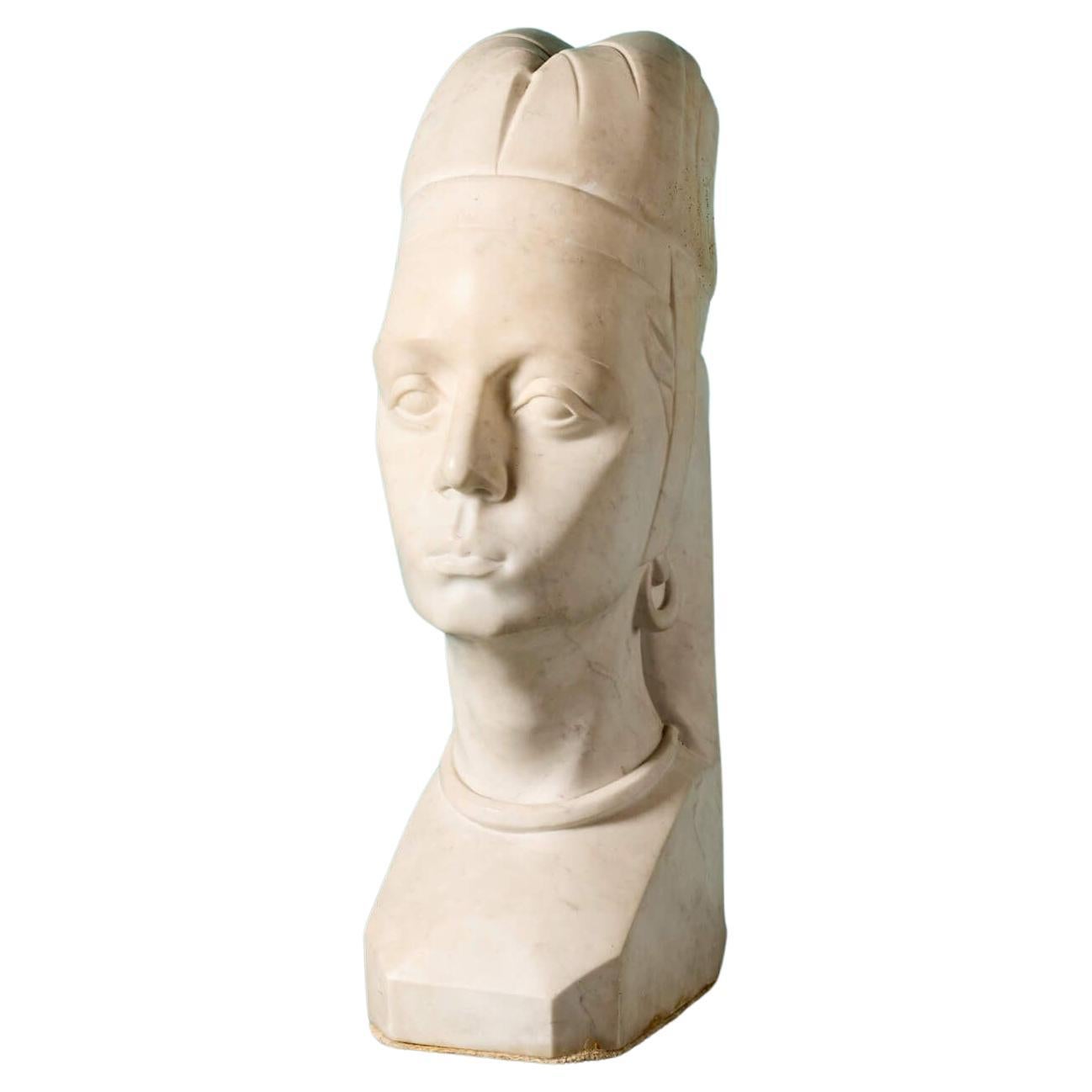 Antique Art Deco Carrara Marble Bust of Noble Woman For Sale