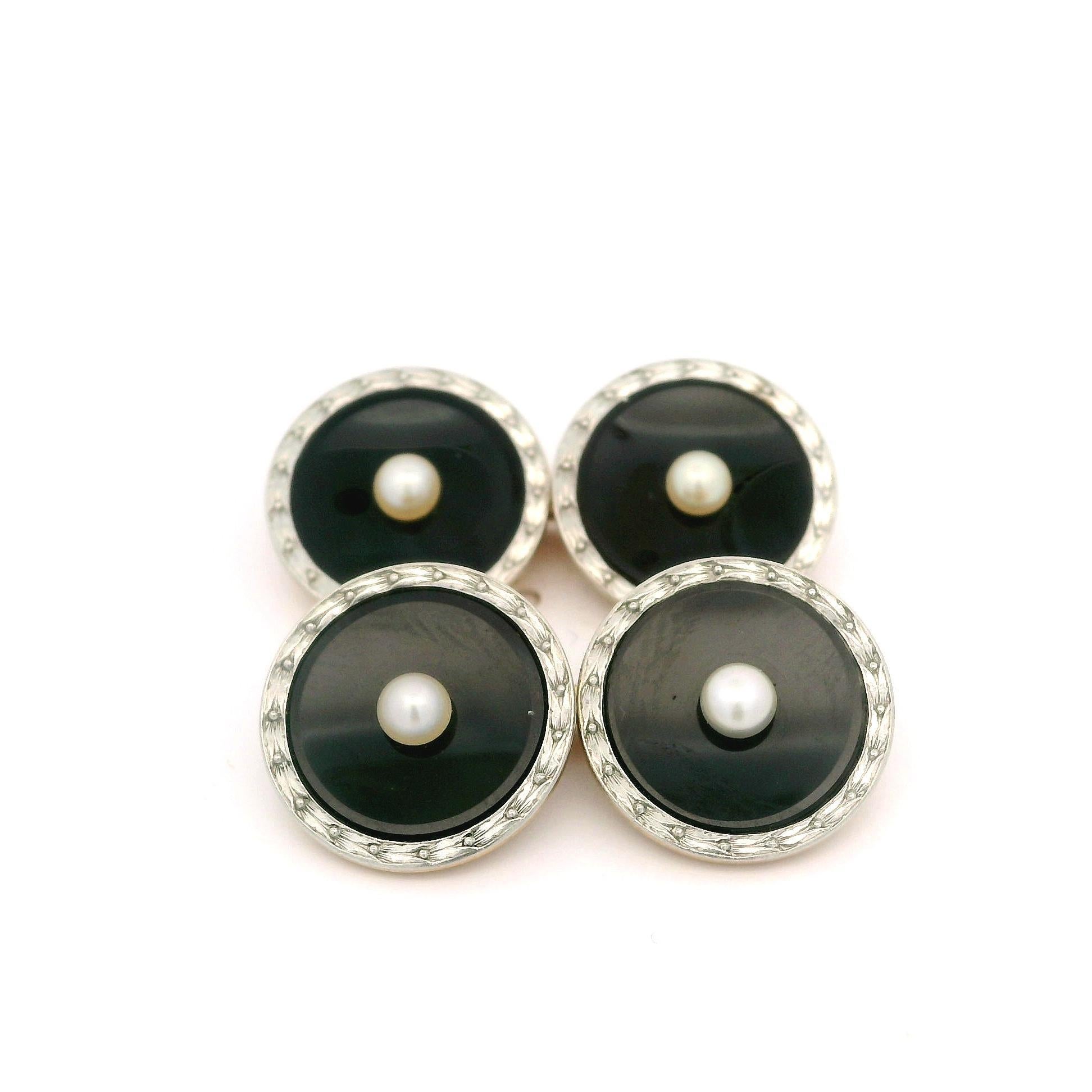 Round Cut Antique Art Deco Carter Gough & Co. Black Onyx w/ Pearl Round Cufflinks For Sale