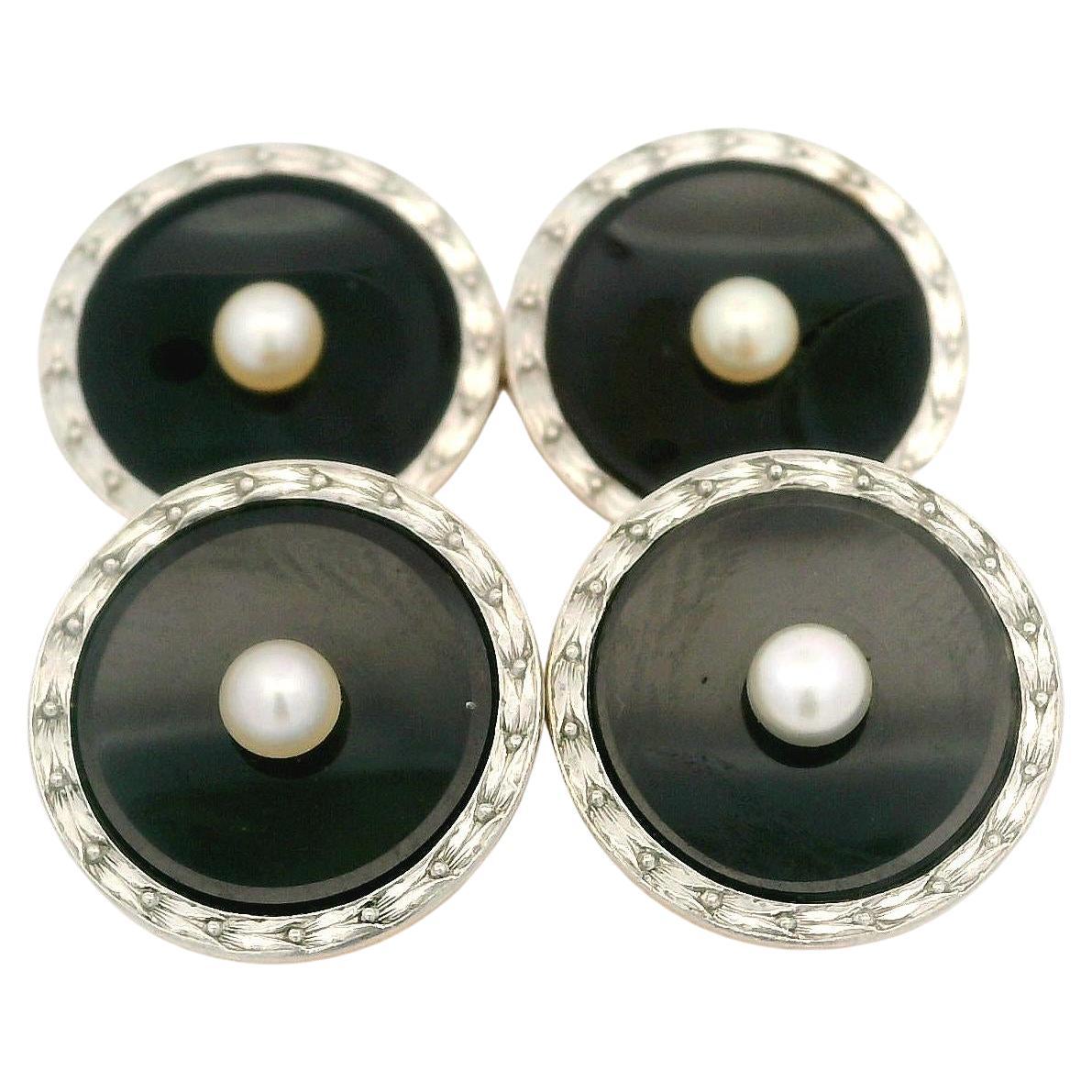 Antique Art Deco Carter Gough & Co. Black Onyx w/ Pearl Round Cufflinks For Sale
