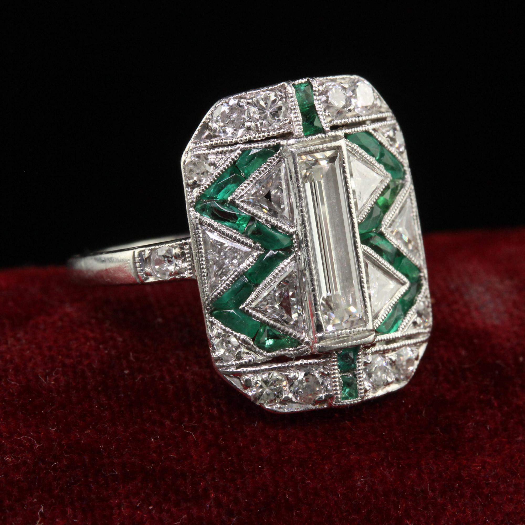 Women's Antique Art Deco Cartier Old Baguette Diamond and Emerald Cocktail Ring For Sale