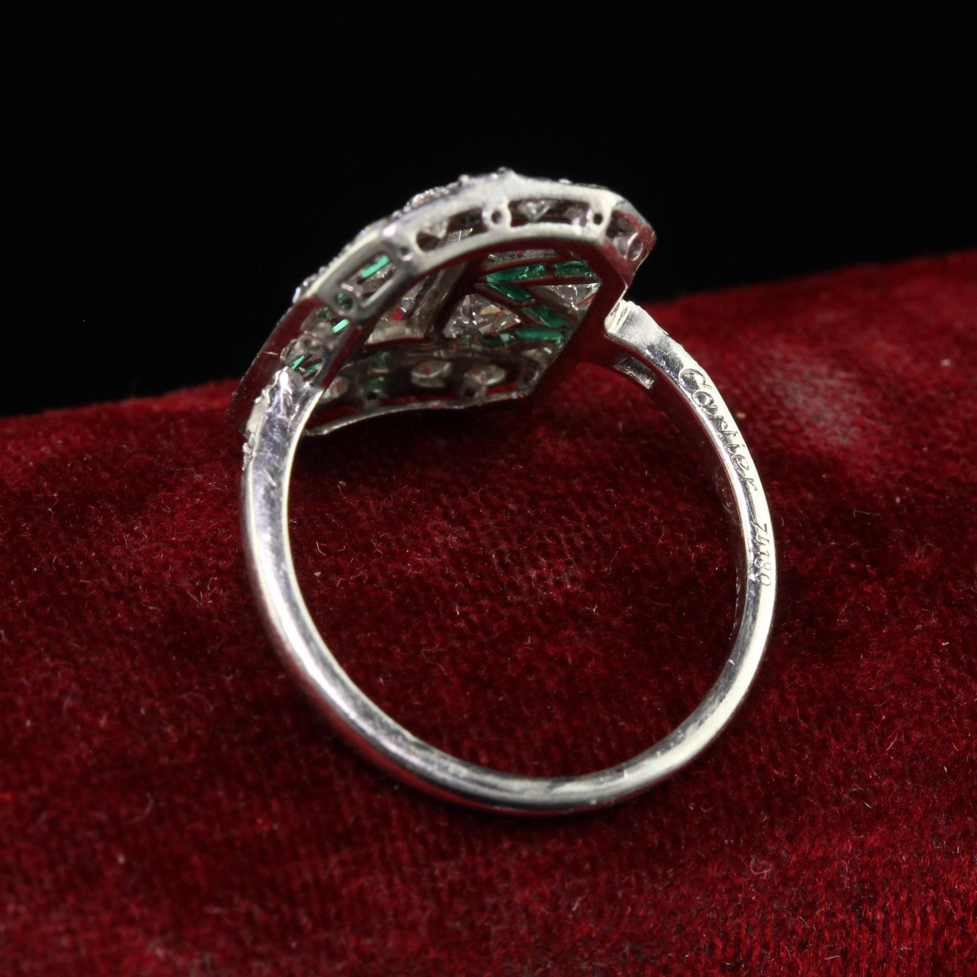 Antique Art Deco Cartier Old Baguette Diamond and Emerald Cocktail Ring For Sale 1