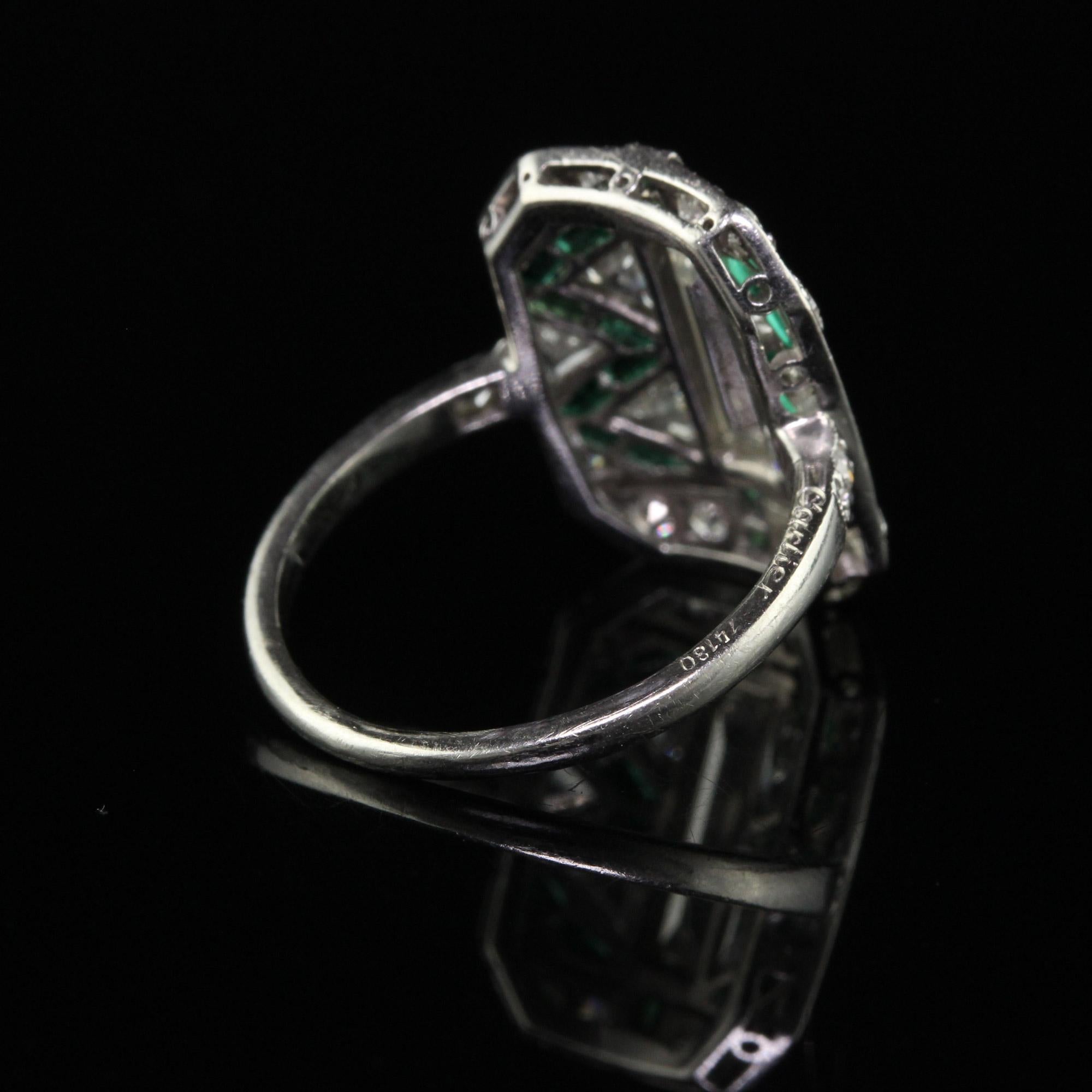 Antique Art Deco Cartier Old Baguette Diamond and Emerald Cocktail Ring For Sale 3
