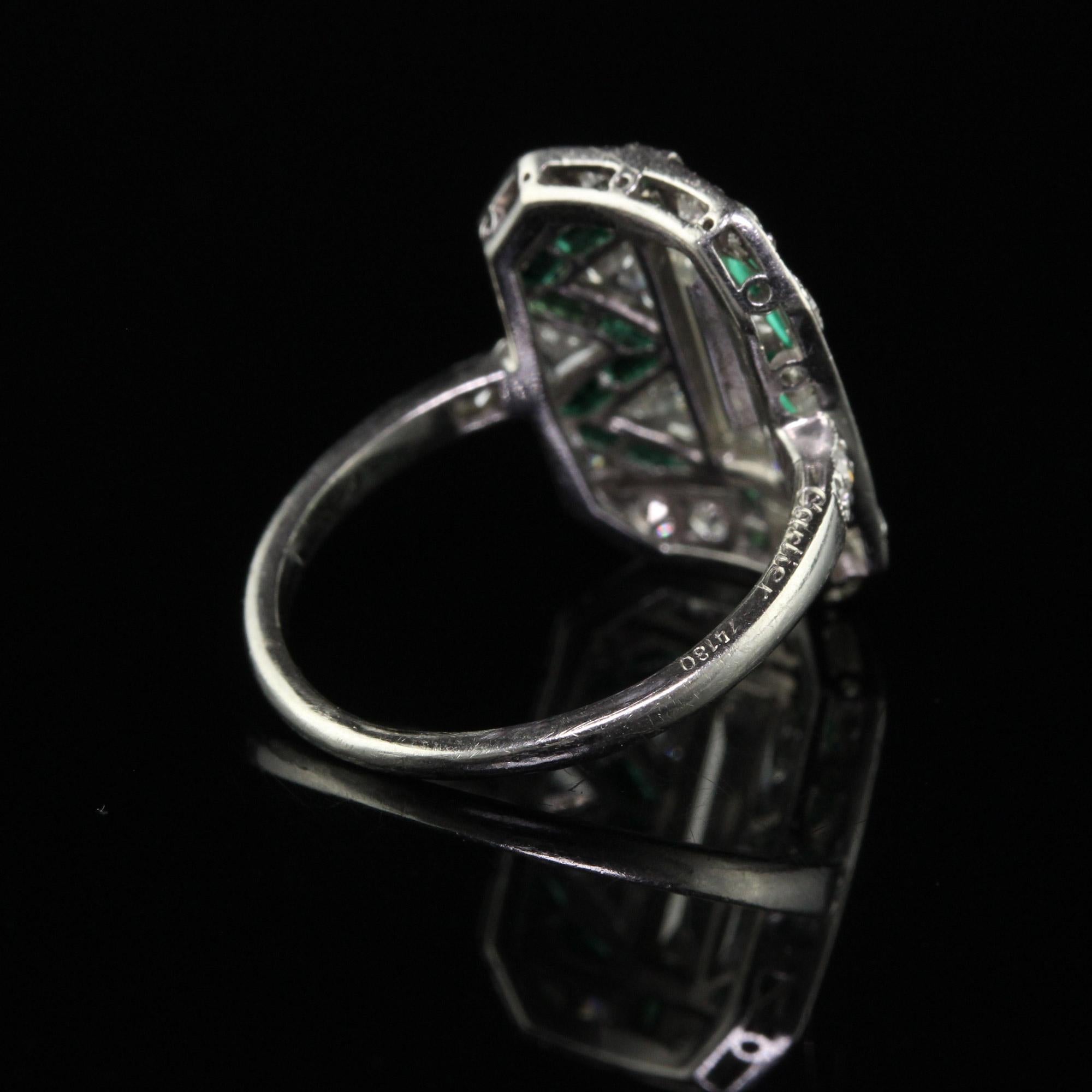 Women's Antique Art Deco Cartier Old Baguette Diamond and Emerald Cocktail Ring For Sale