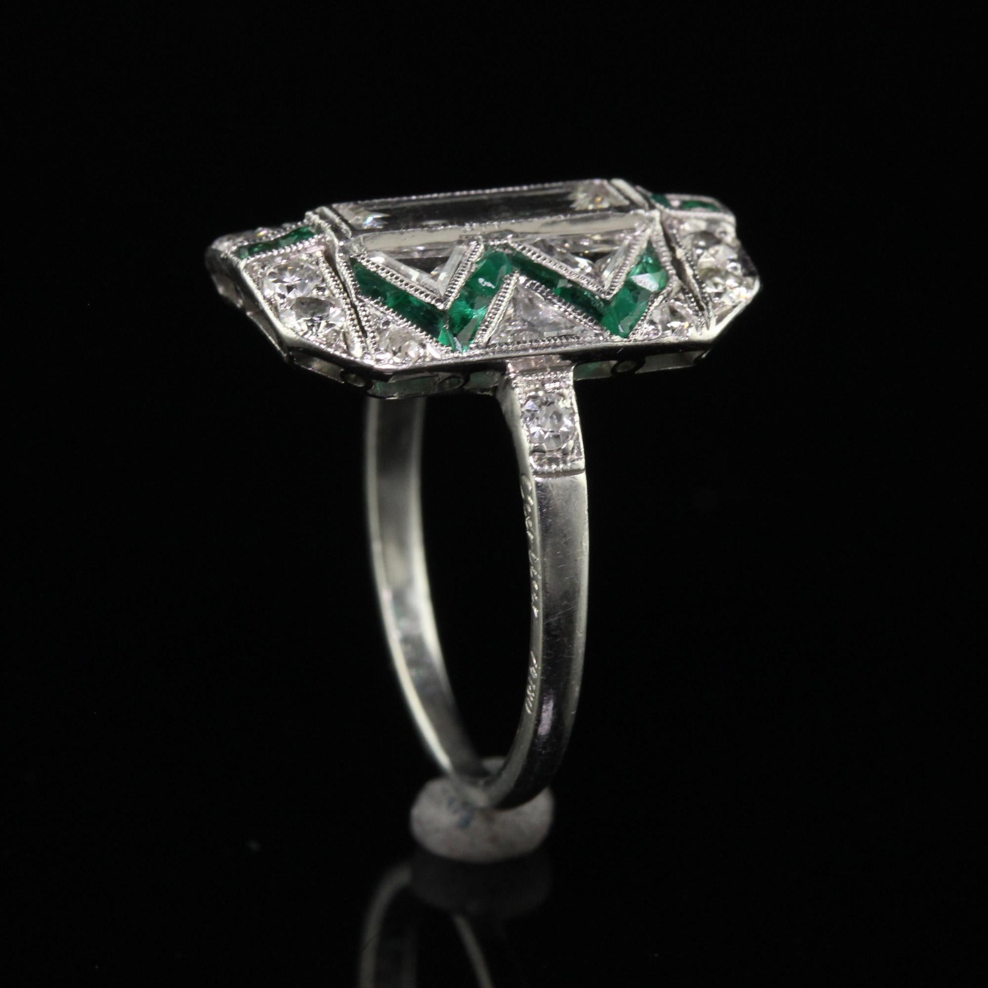 Antique Art Deco Cartier Old Baguette Diamond and Emerald Cocktail Ring For Sale 4